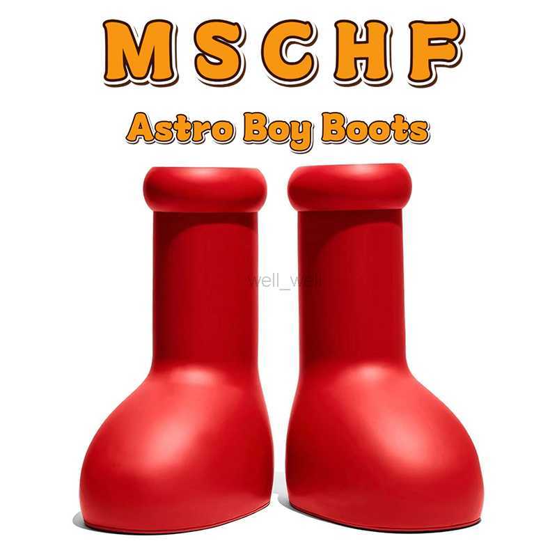 Hot MSCHF Big red boots desgner Mighty Atom cartoon boot for men women fantastic rainboots into real life mens womens smooth rubber shoes-image-848435376