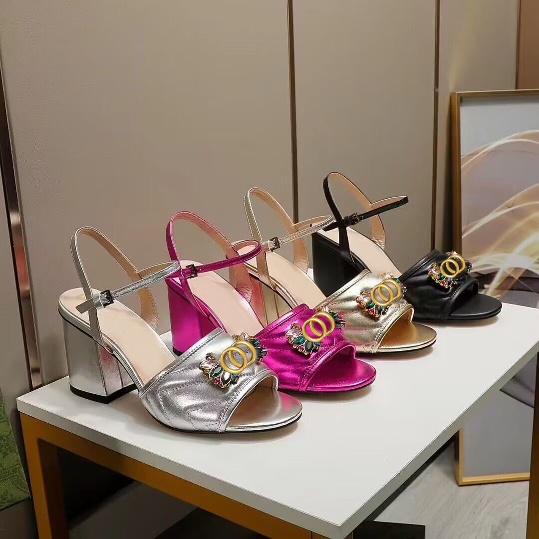 

Classic designer SHoes High heeled sandals party diamond leather women Dance shoe heels Suede Lady Metal Belt buckle sandal Thick Heel Woman shoes size 34-42 With box, Roseo