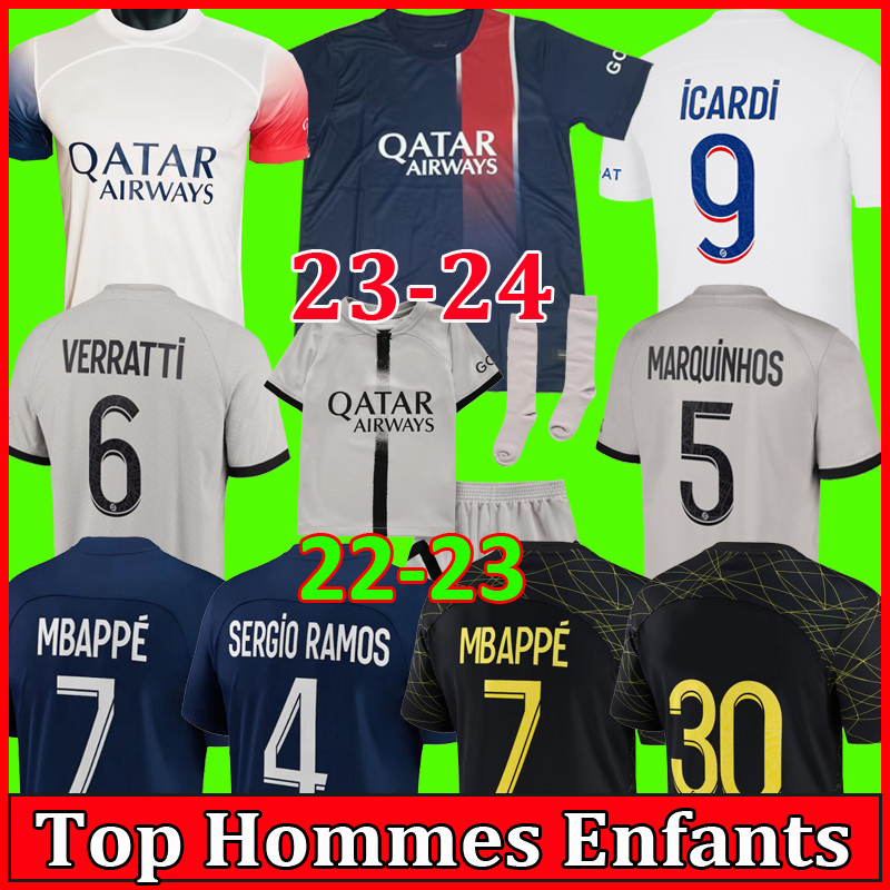 

Men's T-Shirts 2022 2023 2024 soccer jerseys 4TH MBAPPE 7 HAKIMI SERGIO RAMOS WIJNALDUM 22 23 PSGs Maillots football shirt men kids kit set with socks T230310, 23-24 away