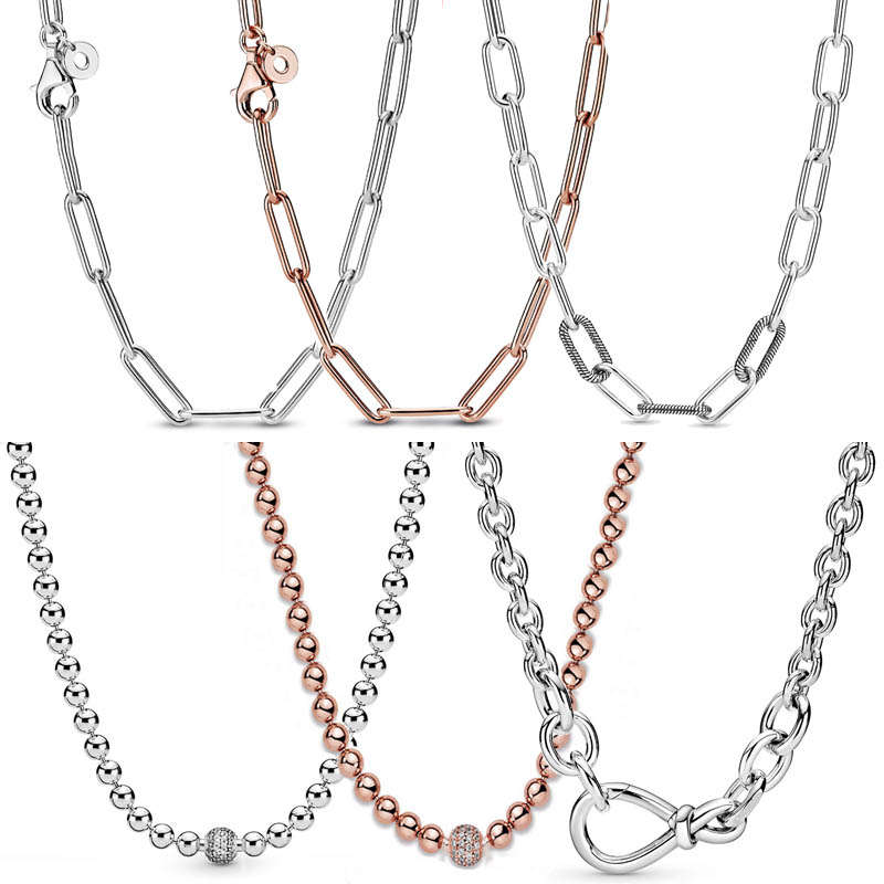 

925 Silver Fit Pandora Necklace Pendant heart women fashion jewelry Thick Infinity Knot Bead Chain Sliding