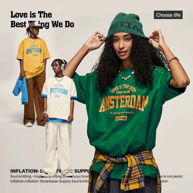 

Men's T-Shirts Vintage contrast letter printed suede T-shirt 2023 summer fashion brand loose short-sleeved men, As pic