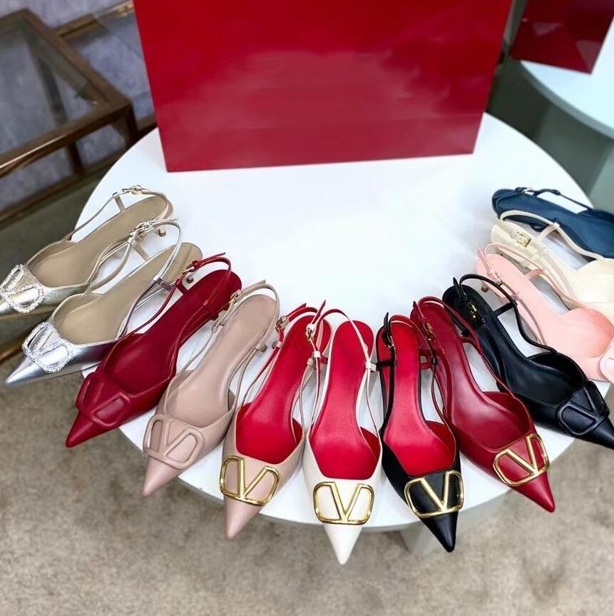 

Brand High Heel Sandals Pointed Casual Shoes Women Luxury Gold V-buckle Genuine Leather Nude Black Matte Solid Summer Women's Wedding Shoes Size 35-44, All nude