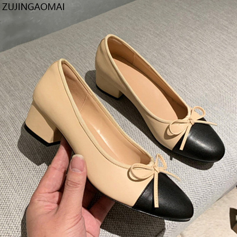 

Dress Shoes Bow Ballet High Heels Woman Basic Pumps Fashion Two Tone Stitching Round Work Shoe Party Women Pump 230308, Apricot black