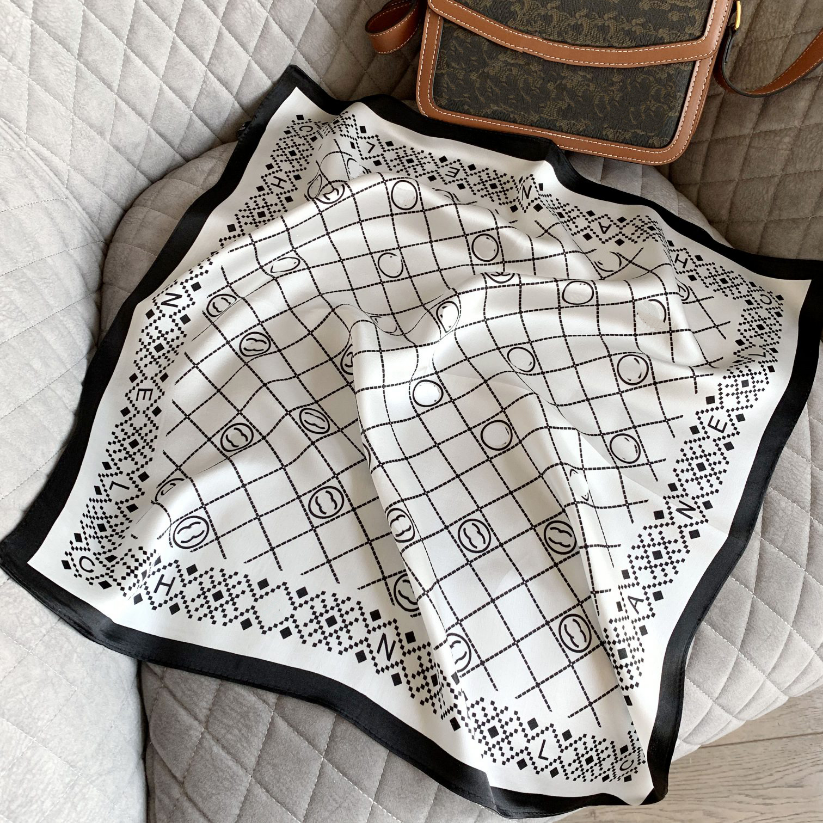 

European Brand Silk Square Scarf Simple Black White Hair Band Women Designer Scarves Popular Design Fashion Matching 100% Natural silk Spring Gift Couple Family