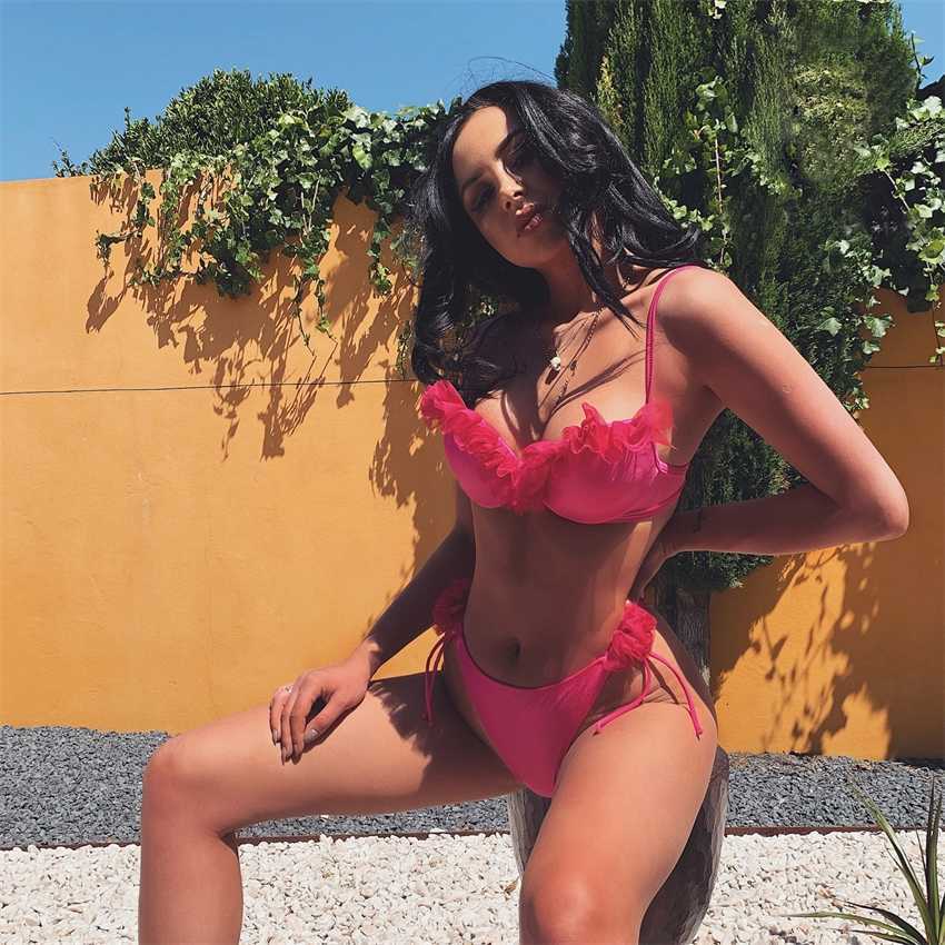 

Design of new pure color multi Bikini Swimsuit steel bracket gathered bandage Library, Pink