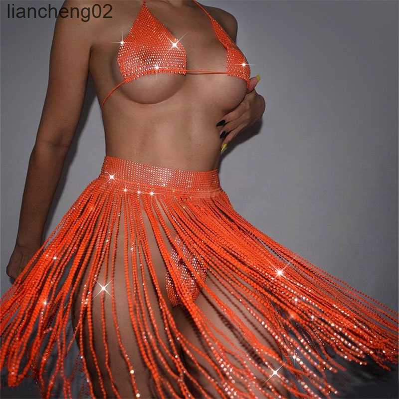 

Skirts 2022 Glitter Rhinestone Tassel Skirts Women Sexy Crystal Body Chains Belly Dance Skirts Clubwear Night Party Shine Skirt W0308, Orange