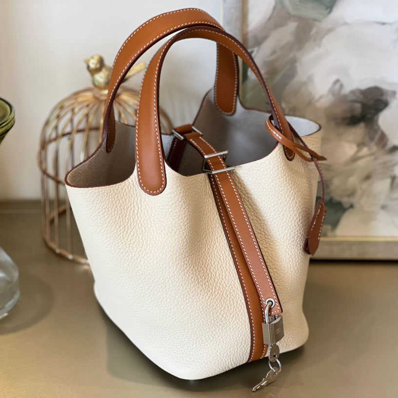 

H bag Designer Original 2023 autumn new 18cm vegetable basket Togo litchi calfskin color matching bucket shoulder bag, Elephant gray