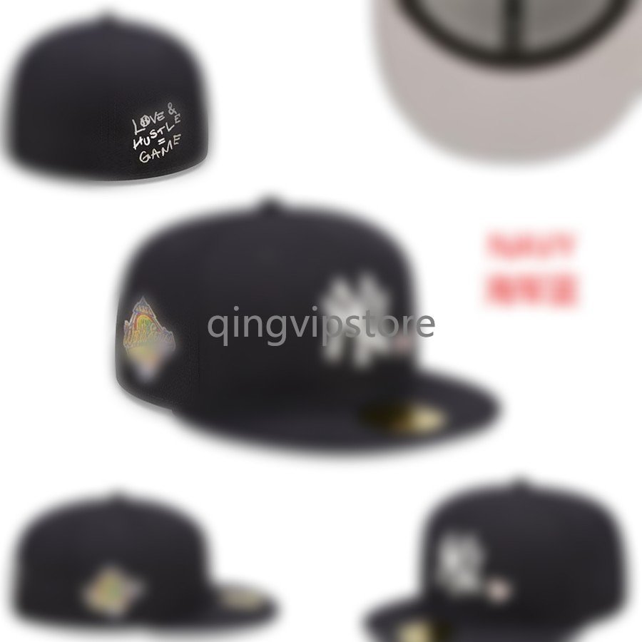 

2023 Men's Flat Peak Full Size Closed Caps Fashion Hip Hop Classic Navy Blue Black Baseball Sports " WS All Team Fitted Hats In Size 7- Size 8 Love Hustle, 08