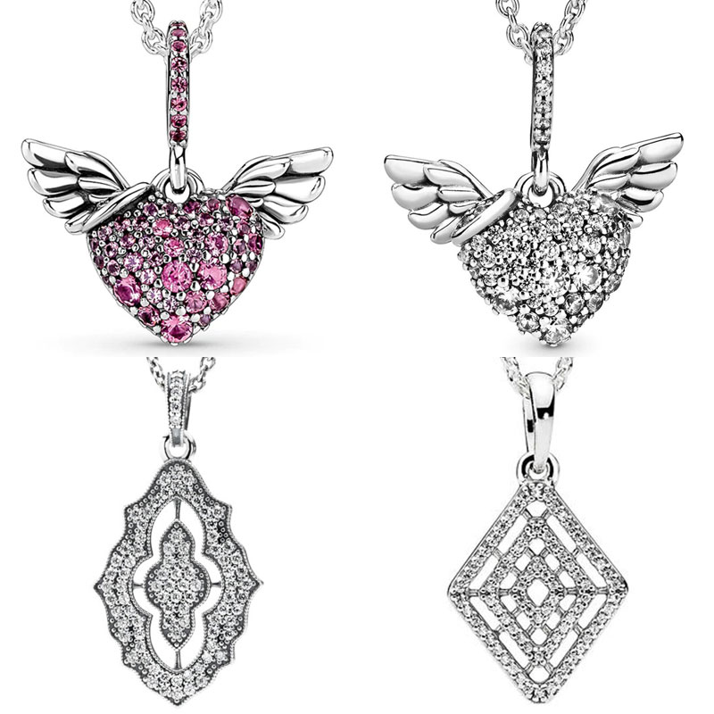 

925 Silver Fit Pandora Necklace Pendant heart women fashion jewelry Angel Wings Classic Lace Geometric Lines