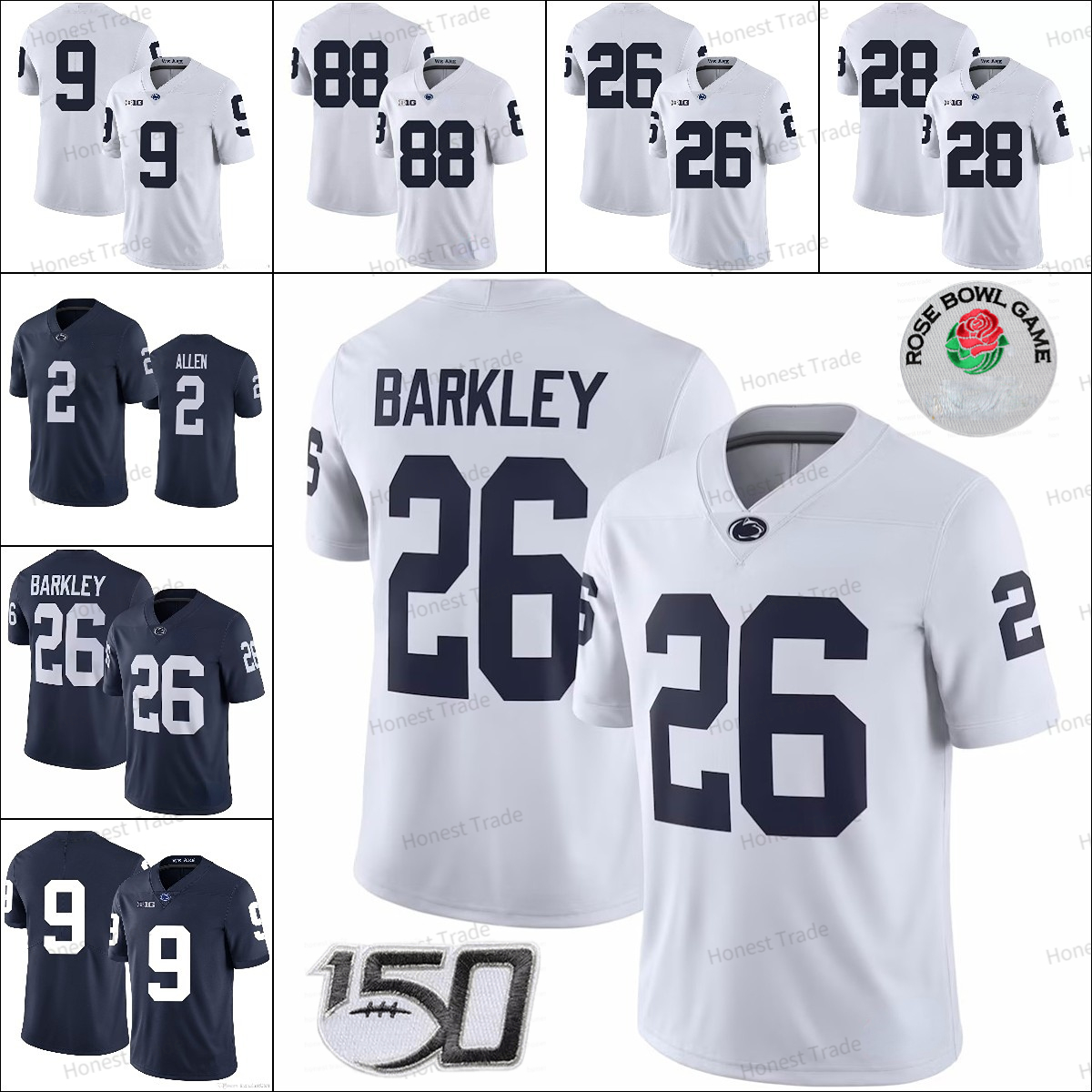 

NCAA Penn State Nittany Jersey 9 Trace McSorley Marcus Allen Saquon Barkley 88 Mike Gesicki Mens Stitched Jerseys White Blue 150th Rose Patch, Men + name + 150th patch