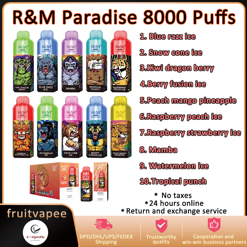 

Original R&M Paradise 8000 Puffs Disposable E Cigarette Vape Pen 15ml Prefilled 5% Pod 600Mah Rechargeable RGB Flash Light Airflow Control RandM 8K 10 Flavors