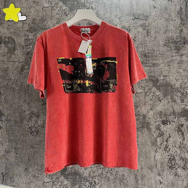 

Men's Plus Tees High Street Vintage Washed Red T Shirt Women Graphic Printing Tee Top