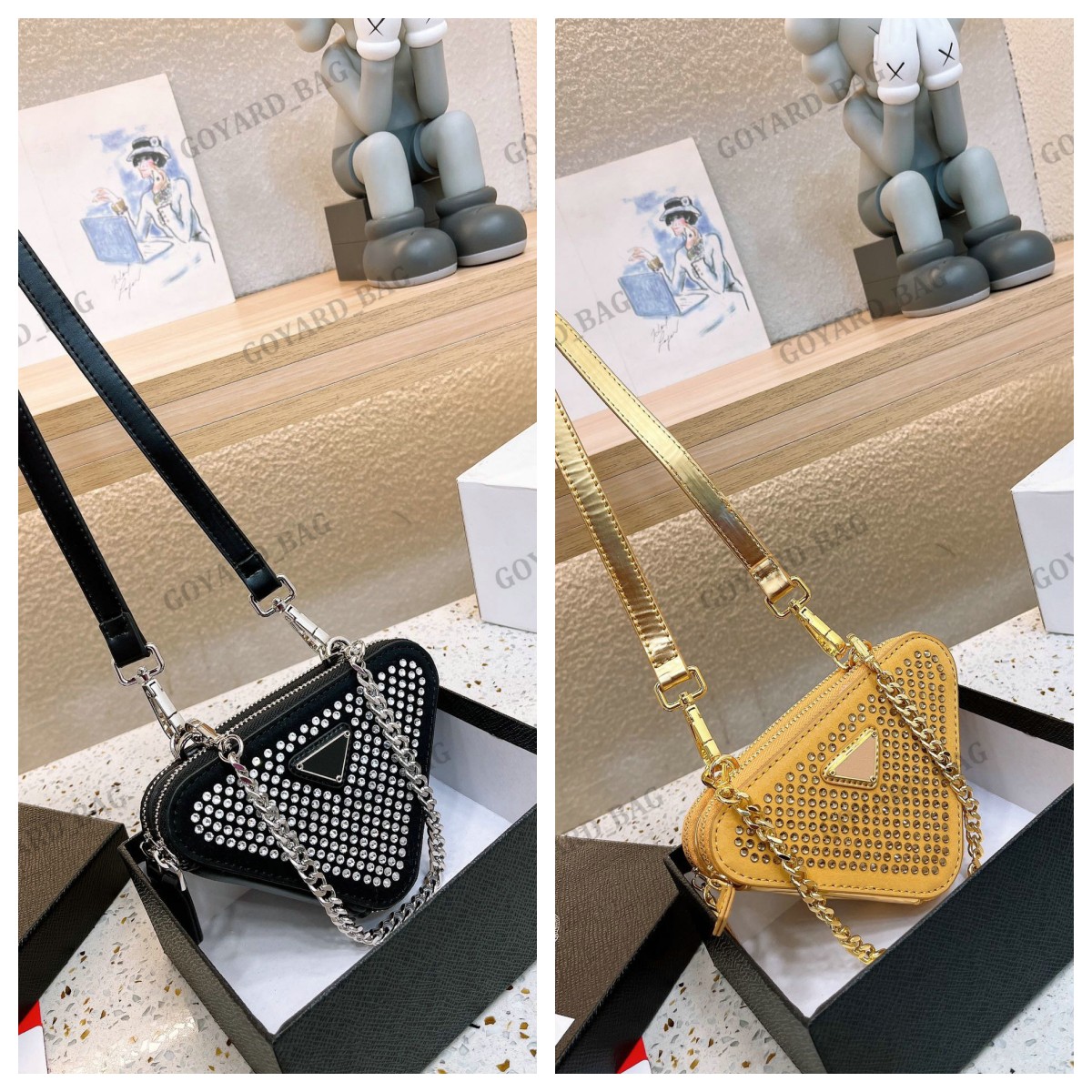 

Luxurys Designer Saffiano Re-Edition Diamante Leather Mini Clutch Bags Decorative element Women Triangle shoulder bag Crossbody bag Diamond for Woman, Gold