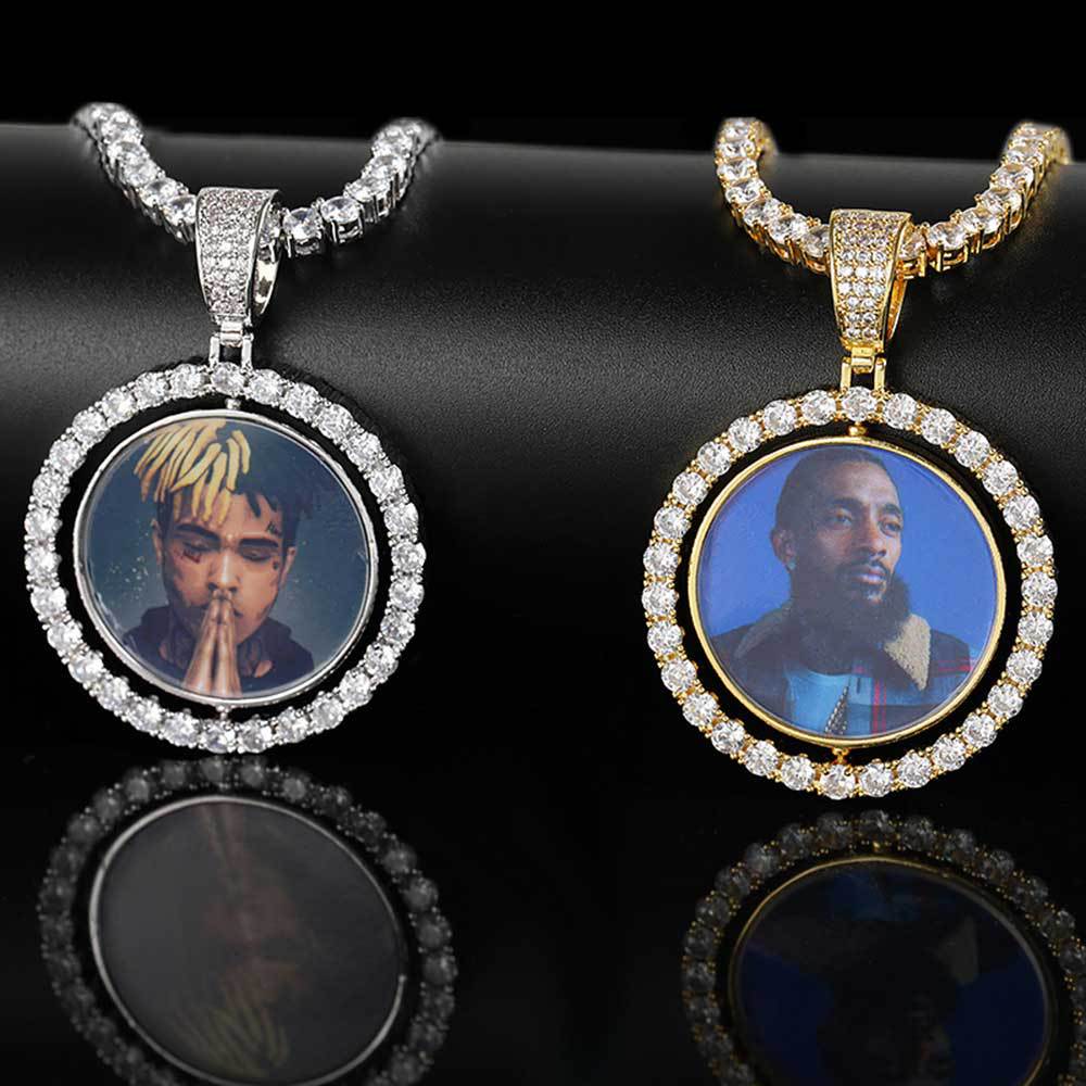 

Rotating Double-Sided Zircon Photo Pendant Necklace: Customizable Keepsake for any Occasion