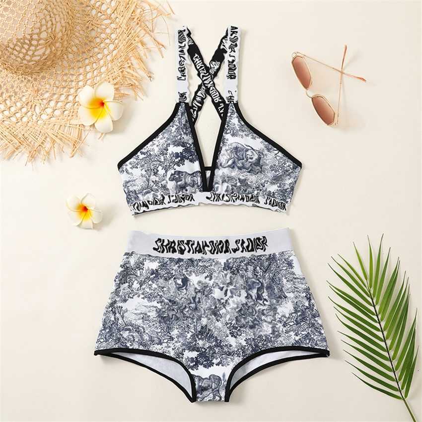 

New Fashion Swimwear Female Letter Sports Classic Print High Waist Jacquard Elastic Designer, Black