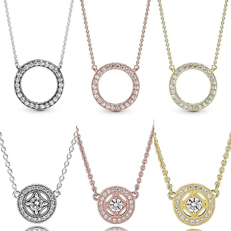 

925 Silver Fit Pandora Necklace Pendant heart women fashion jewelry Rose Gold Allure Accented Circular Hearts Of Collier Pendant
