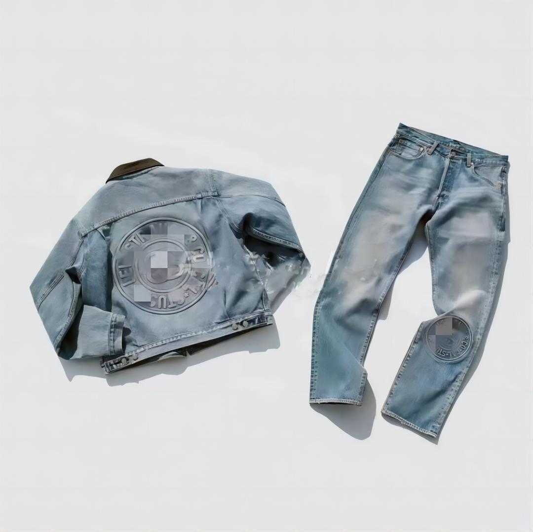 

Spring 2023 Stussys co-branded denim jacket jeans Leves exclusive new black eight embossed logo denim jacket set eh01, Yellow