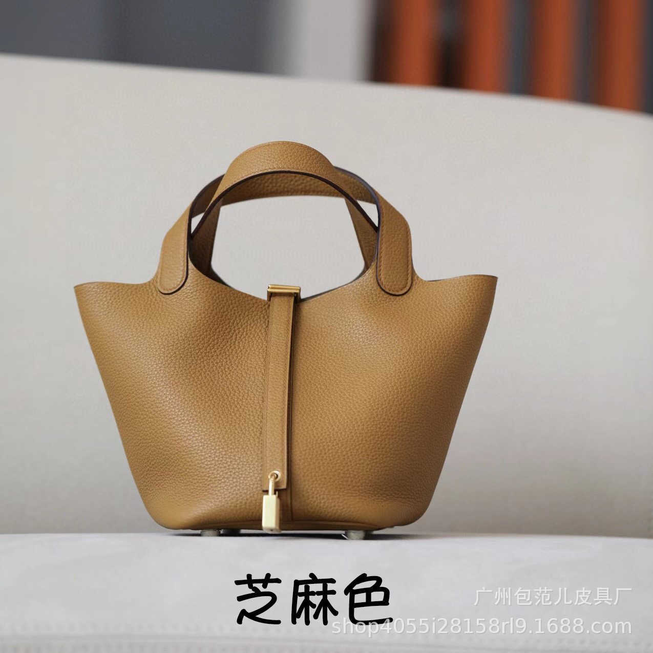 

H bag Designer Original Bag new leather women's bag vegetable basket top layer Togo cowhide lychee pattern Bucket Handbag, Gold brown elephant grey