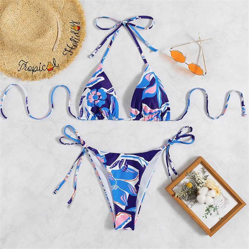 

2023 Summer New Print Sexy Hanging Neck Open Back Triangle High Waist Beach Swimwear Bikini, Printing color