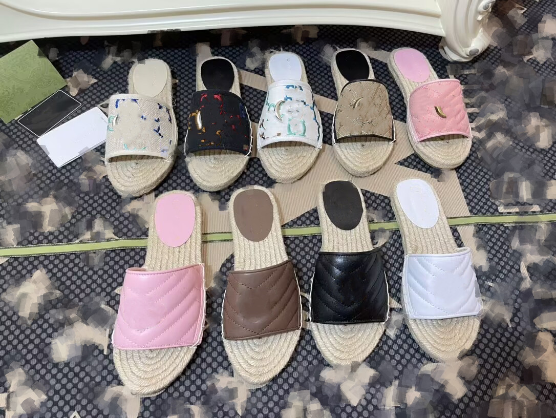 

2023 Summer Slippers Designer Womens laides Double G flat sandal Sandals Embroidery Canvas Fisherman slides Fashion Straw weave kniteed Slide Flip Flops, Megu6
