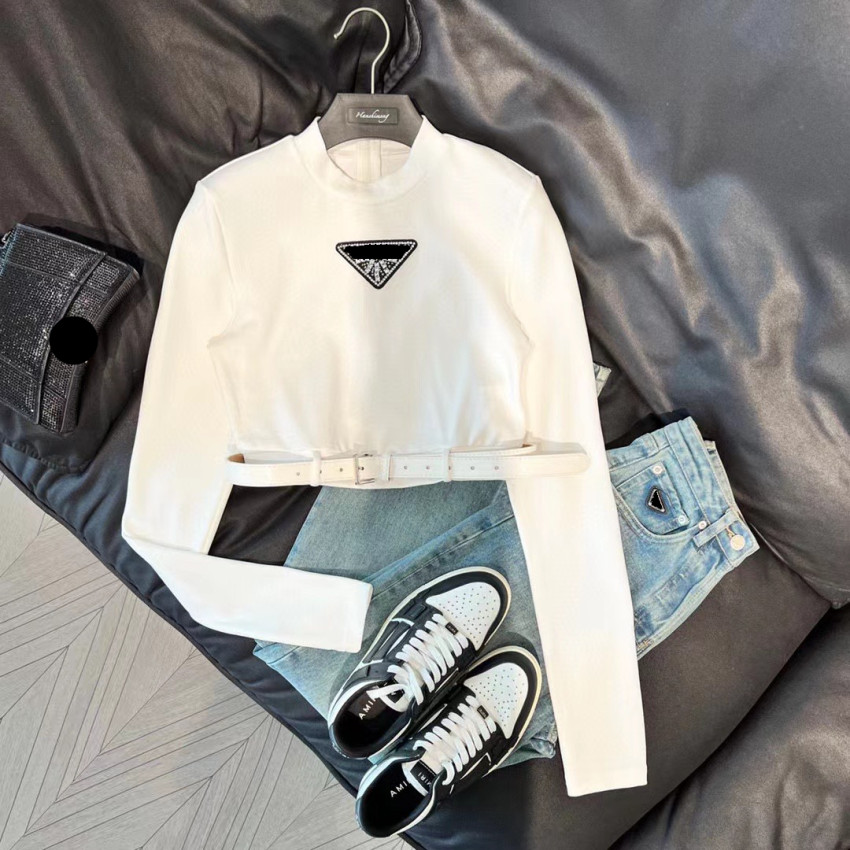 

Luxurys Womens Letter T-Shirt Long Sleeved Base Shirt Black White Colors Tees Ladies Clothes Adjustable Waistband Tops SML