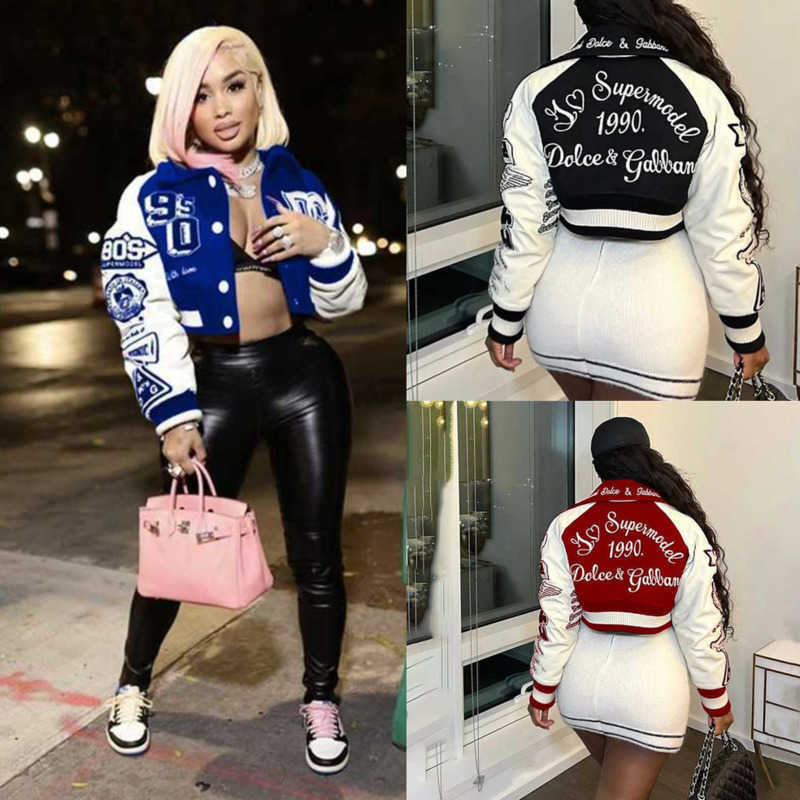 

Designer Women Jacket Printed Baseball Uniform Woolen Lapel Womens Trendy Splicing Coat, Black
