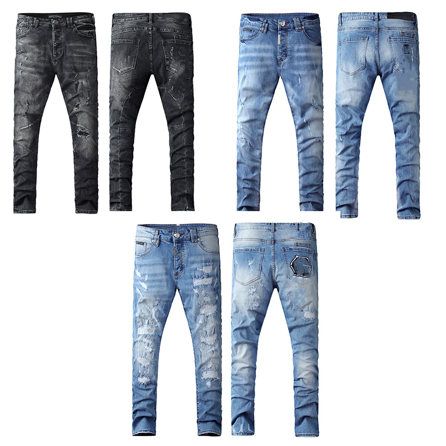 

designer mens jeans stack purple skinny jean for man streetwear rock revival fashion pants Motorcycle jean hole pant hip hop men embroidery patchwork ripped biker