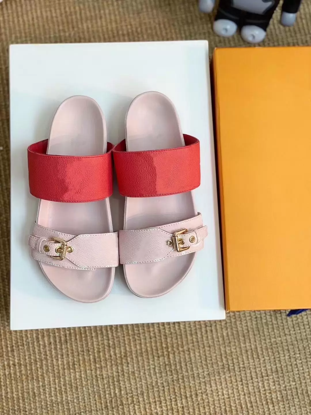 

Classic Cool Effortlessly Stylish Slides 2 Straps with Adjusted Gold Buckles Women Summer Slippers, Denim pink