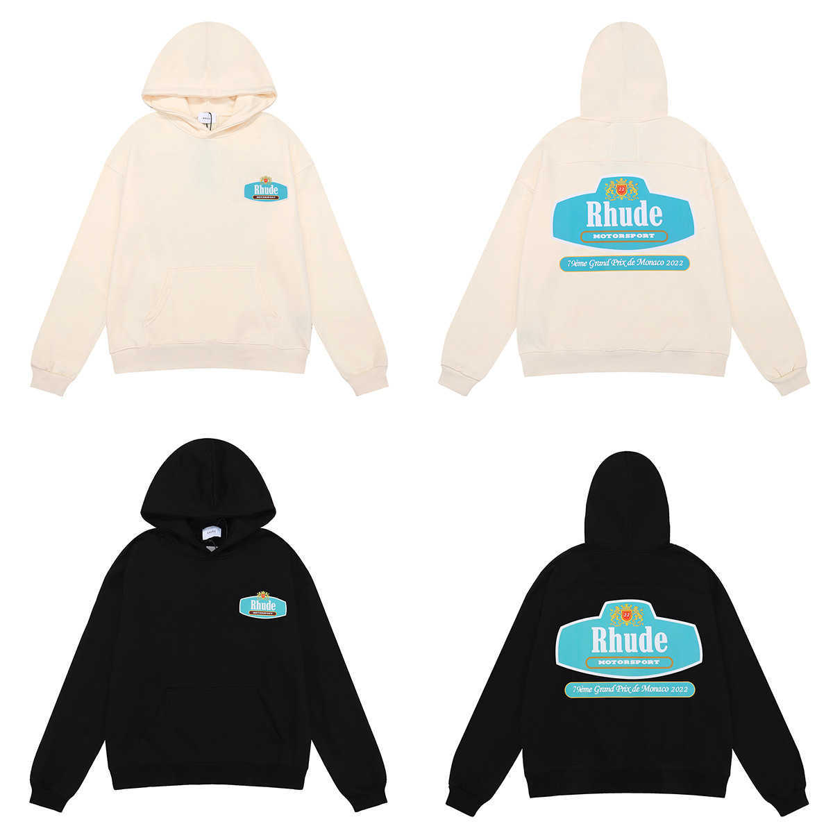 

Hoodies American Fashion RHUDE Racing Crest Autumn and Winter New High Weight Cotton Terry Hoodie Sweater for Men and Women, 5229 black