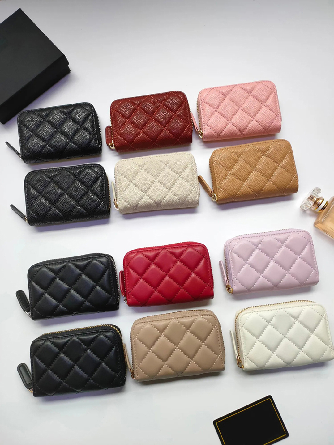 

Luxury c fashion designer women card holders fold flap classic pattern caviar lambskin wholesale black woman small mini wallet pure color Pebble leather with boxes