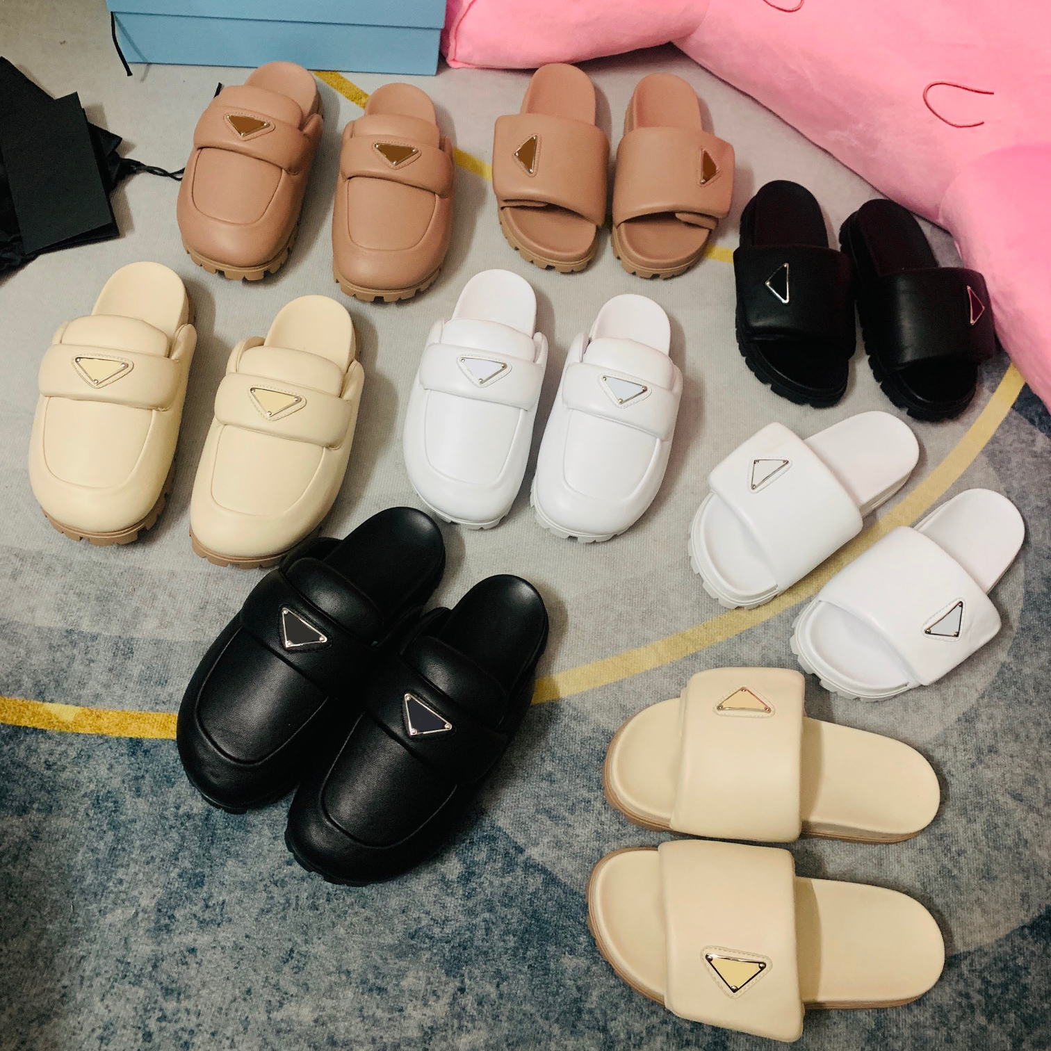 

Womens P Slippers Summer Half tow Home Office Slide Real Soft Leather Men Flip Flops Fashion Slipper Classic Open Toe Casual Sandals Black Scuffs Shoes size 35-41