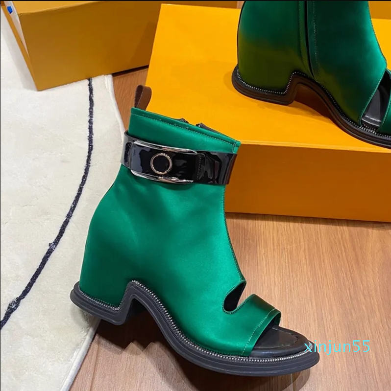 

Leather Moonlight Ankle Boots Designer Open Toe Booties Women Wavy Design Sole Boot Square Heel Boots Lady Wedding Party Fashion