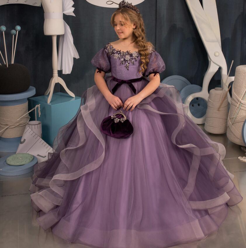 

2023 New Purple Little Girls Pageant Dresses Beaded Crystals Ball Gown Crew Neck Kids Toddler Flower Prom Party Gowns for Weddings cascading ruffles E0308, Same as image