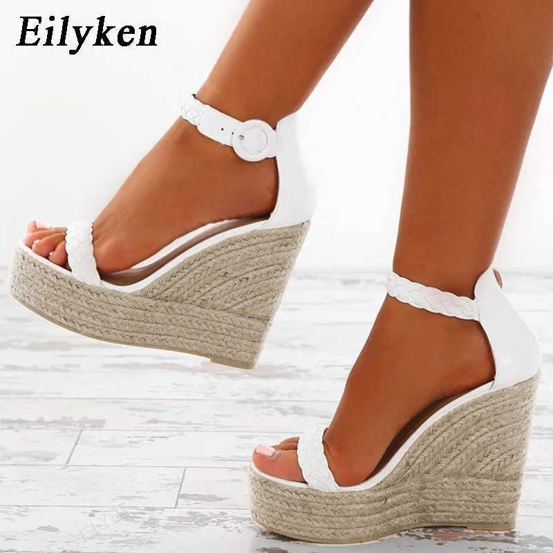 

Summer Peep Toe Weave Cane Straw Sandals Buckle Platform Wedges Women Fashion High Heels Female Shoes 230306, Black