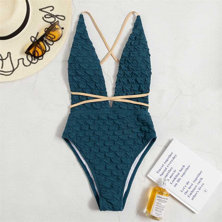 

2023 new one-piece bikini outer single swimsuit women' solid color strapping sexy, Blue