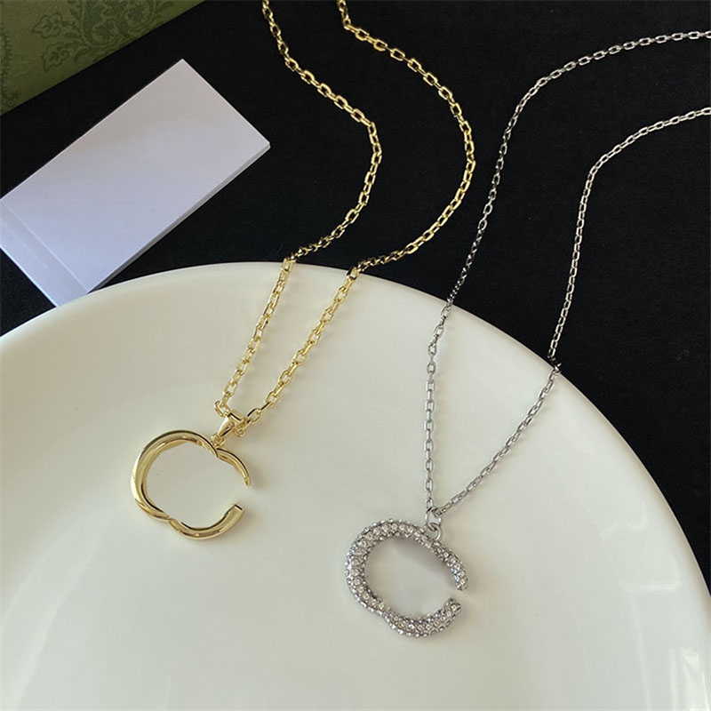 

Two Styles Women Necklaces Double Letters Geometry Pendant Necklaces Full Diamond Silver Necklace
