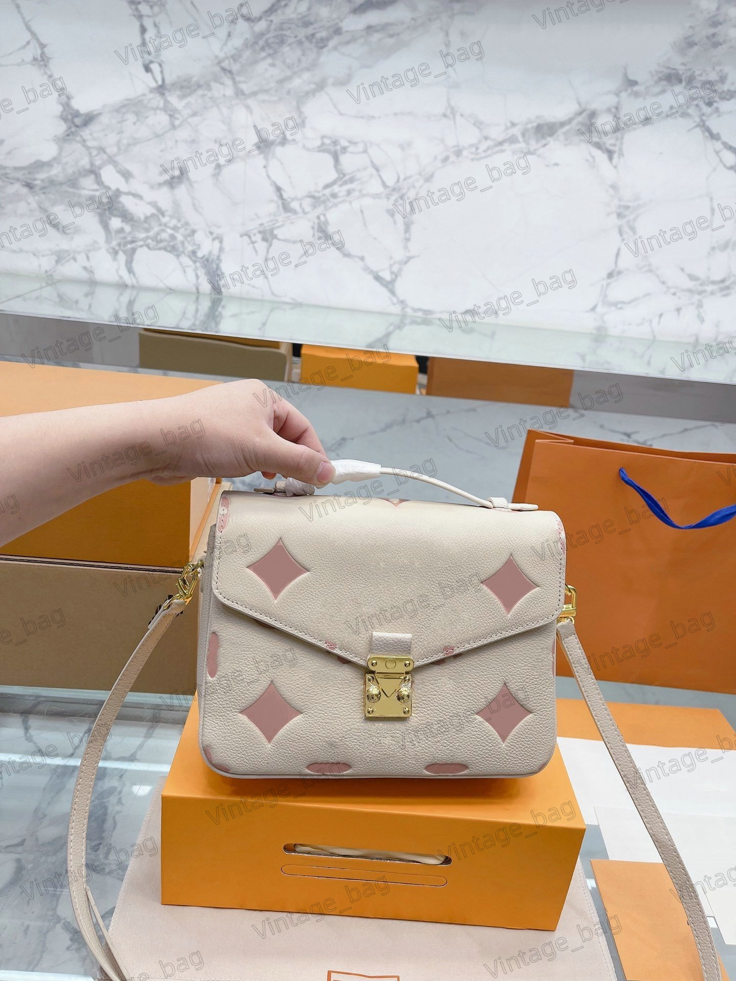 

Metis Women Pochette Handbag Flap Flower Monograms Embossed Stylish Crossbody Messenger Shoulder Bag Leather Top Handle S-lock Closure