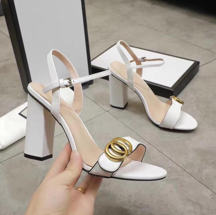 

2023Classic High heeled sandals party 100% leather women Dance shoe designer sexy heels 10cm Suede Lady Metal Belt buckle Thick Heel Woman shoes Large size 35-42, White