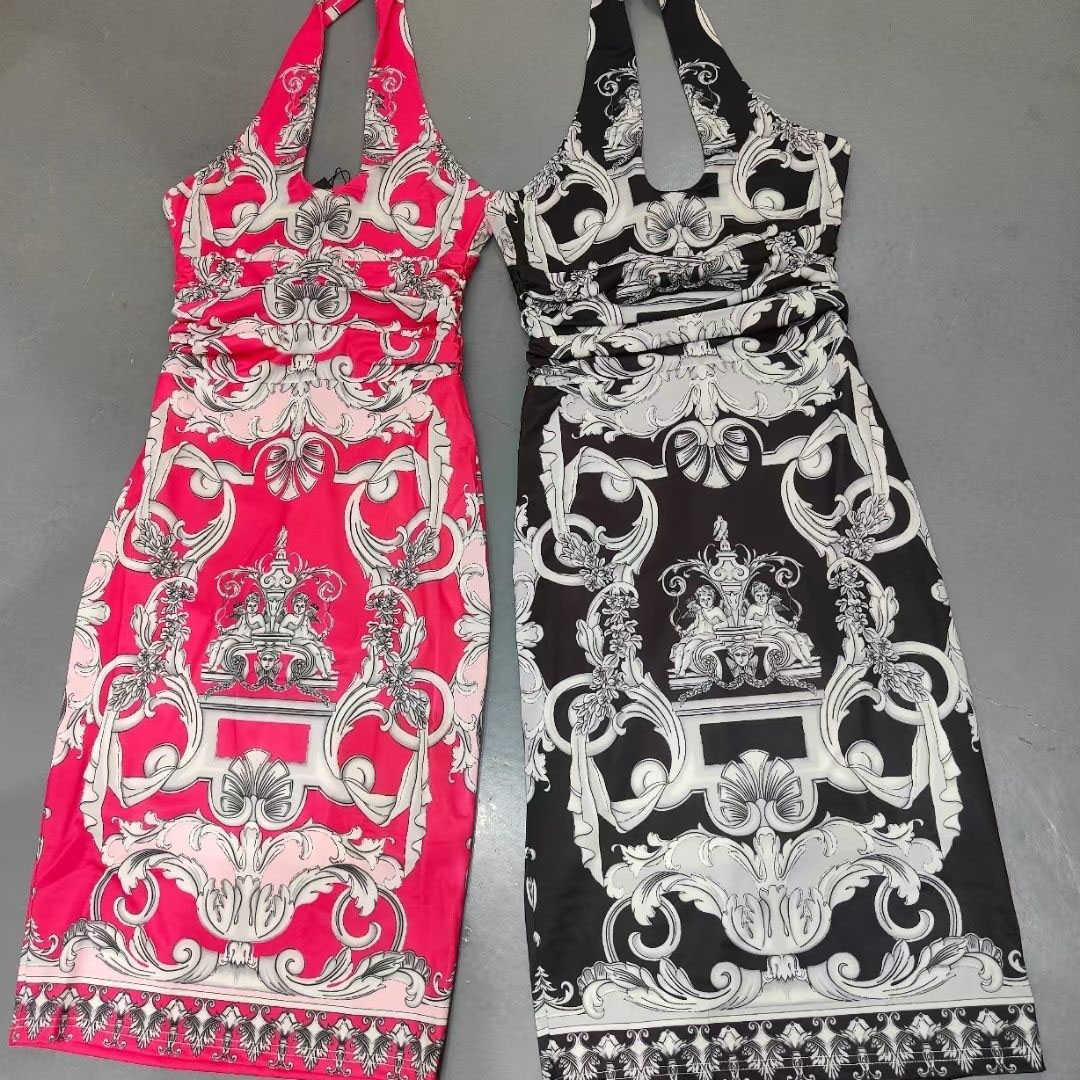 

23ss designer brand Womens sling dress popular neck hanging print Dress fashion Tidal current dresses women clothing, Rose red