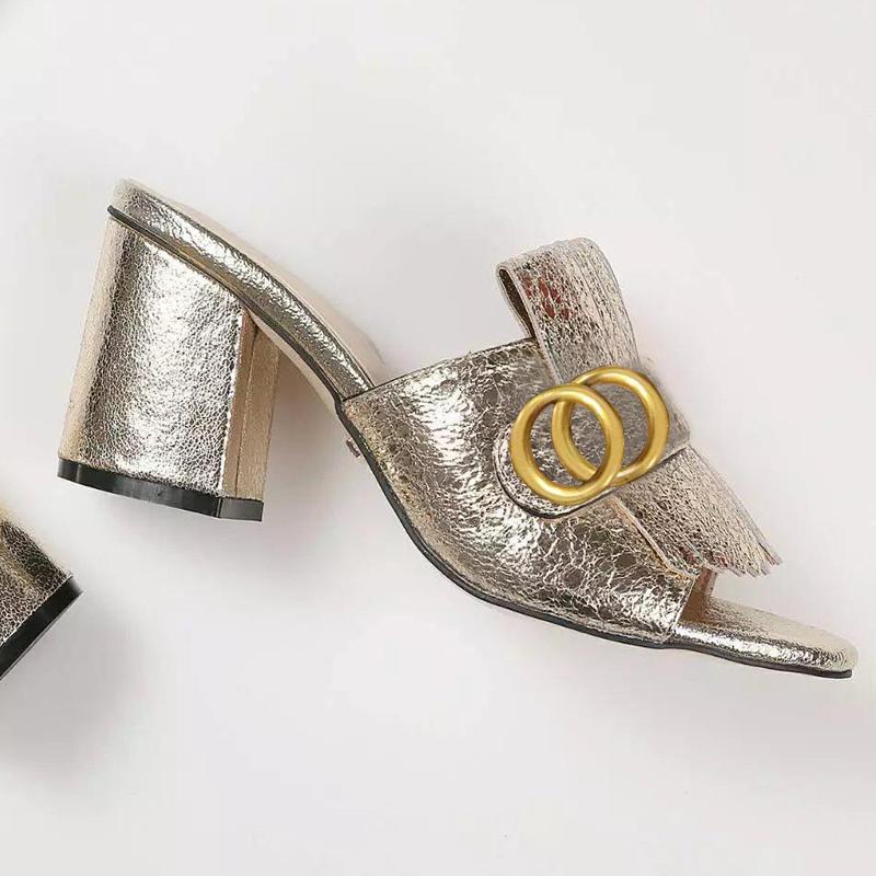 

Classic designer women's semi-slippers Top leather leather thick heel metal slide Women's beach shoes Lazy sandals High heel shoes Large 34-42 us4-us10 with box, Red + suede