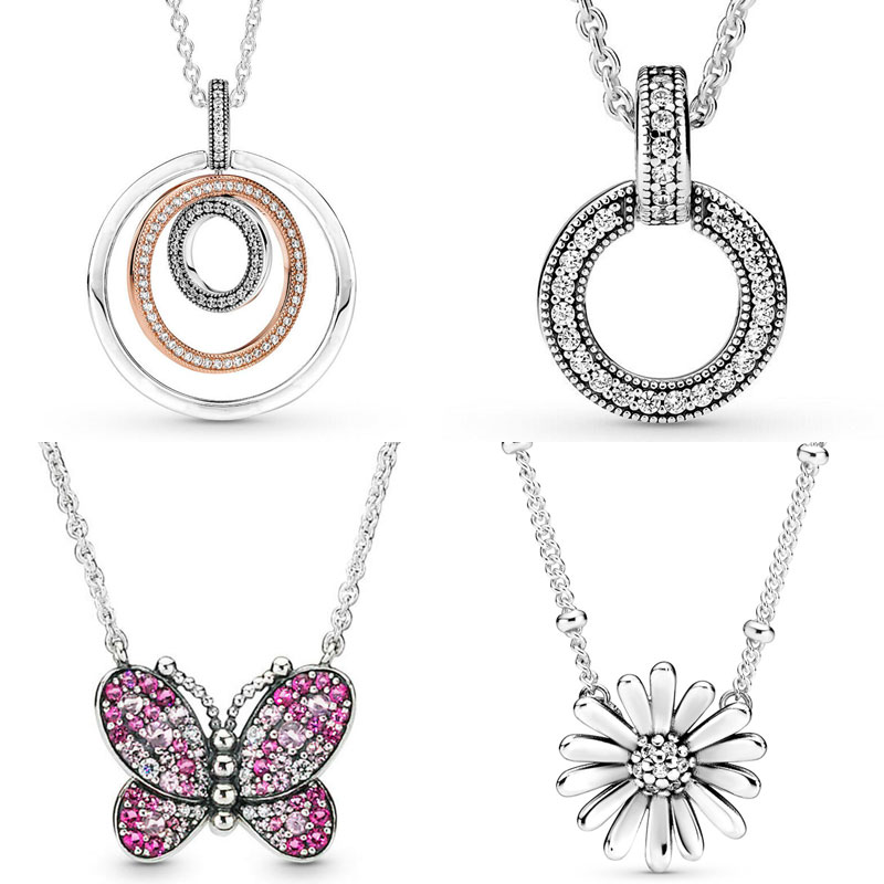 

925 Silver Fit Pandora Necklace Pendant heart women fashion jewelry Dazzling Pink Butterfly Double Two-tone Circles