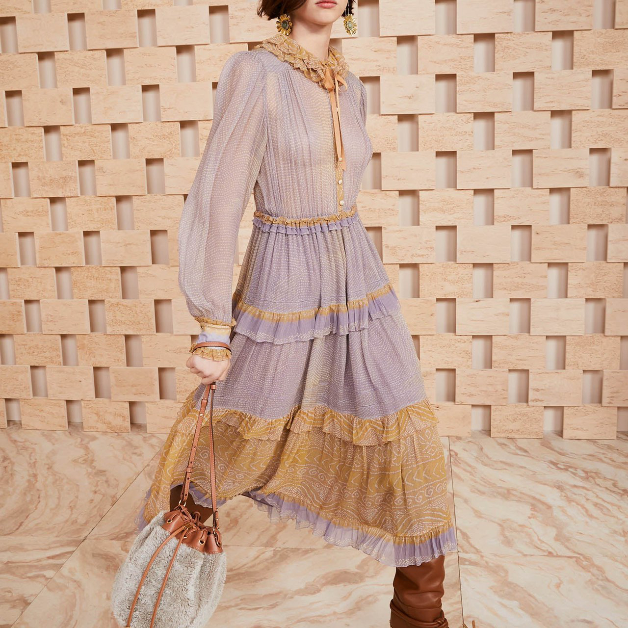 

Runway Dress ruffled neck lantern sleeve silk printed dress long dress, Beige