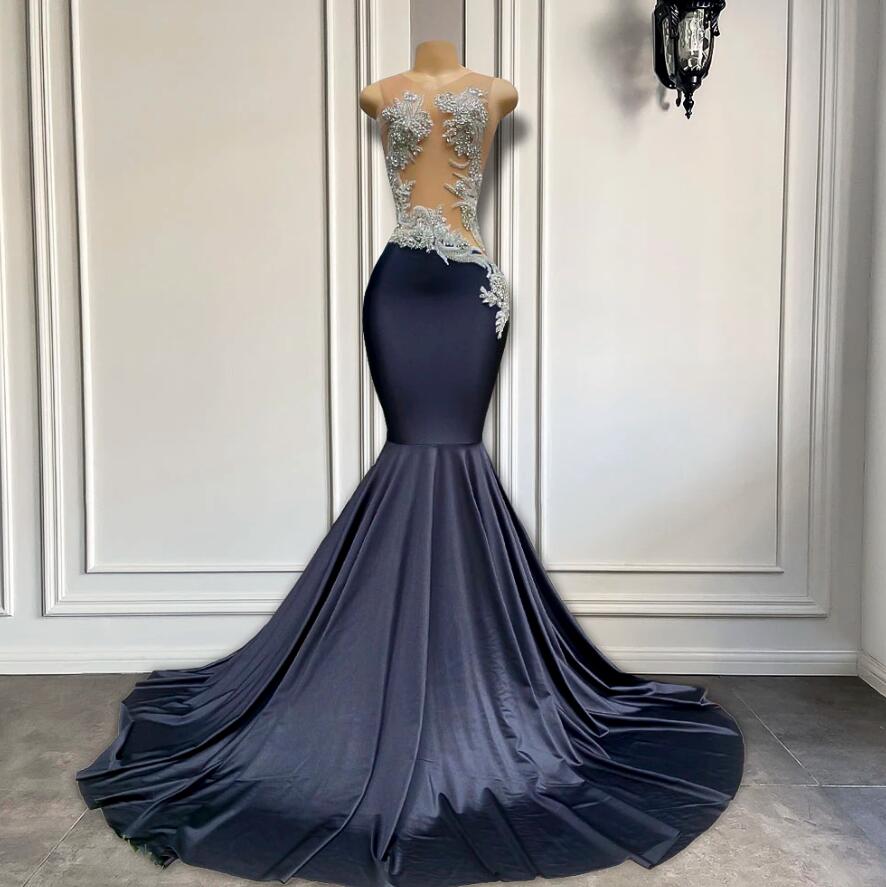 

Long Black Prom Dresses 2023 Sheer O-neck Sparkly Luxury Diamond Crystals Spandex African Girls Mermaid Prom Party Gowns GW0308, Light purple
