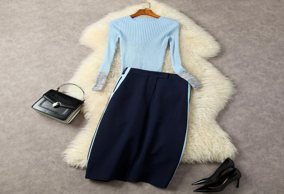 

Two Piece Dress European and American women039s clothing for autumnWinter 2022 Long sleeve color knit sweater split skirt Fash6582644, Blue