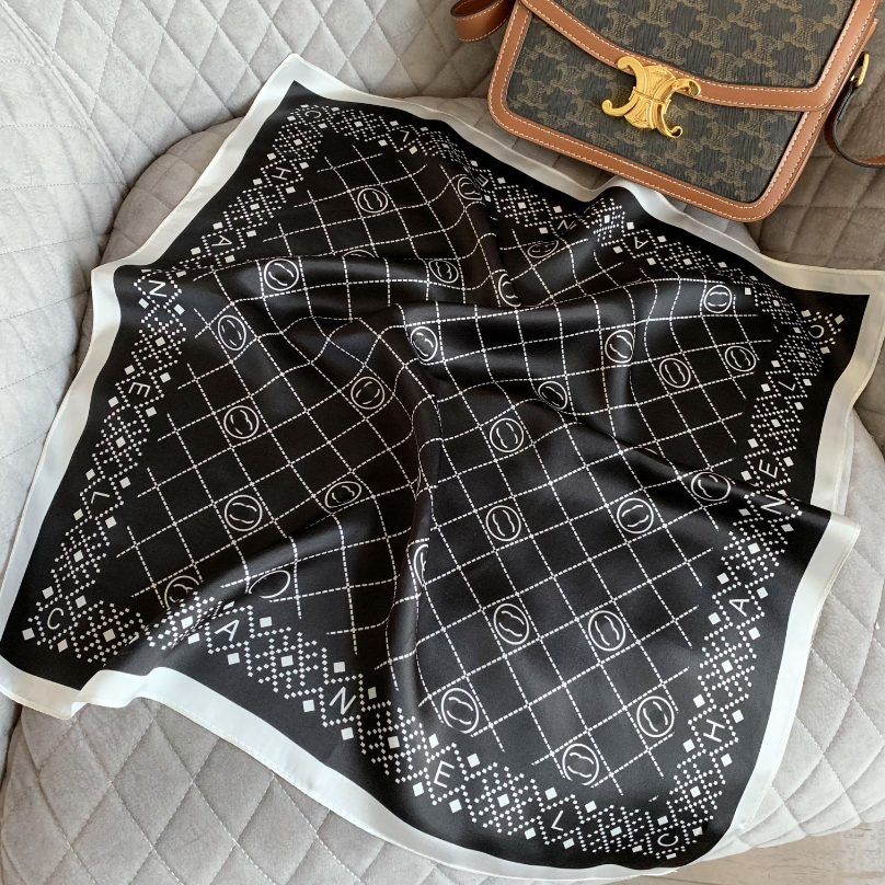

European Brand Silk Square Scarf Simple Black And White Hair Band Female Designer Scarves Popular Design Fashion Matching 100% Natural silk Spring Gift Couple Family