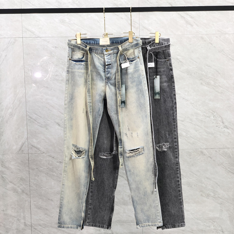 

23SS Men USA Washed Broken Holes Denim Pants Long Ribbon Patchwork Jeans High street Trousers Bottoms, Blue knee without holes