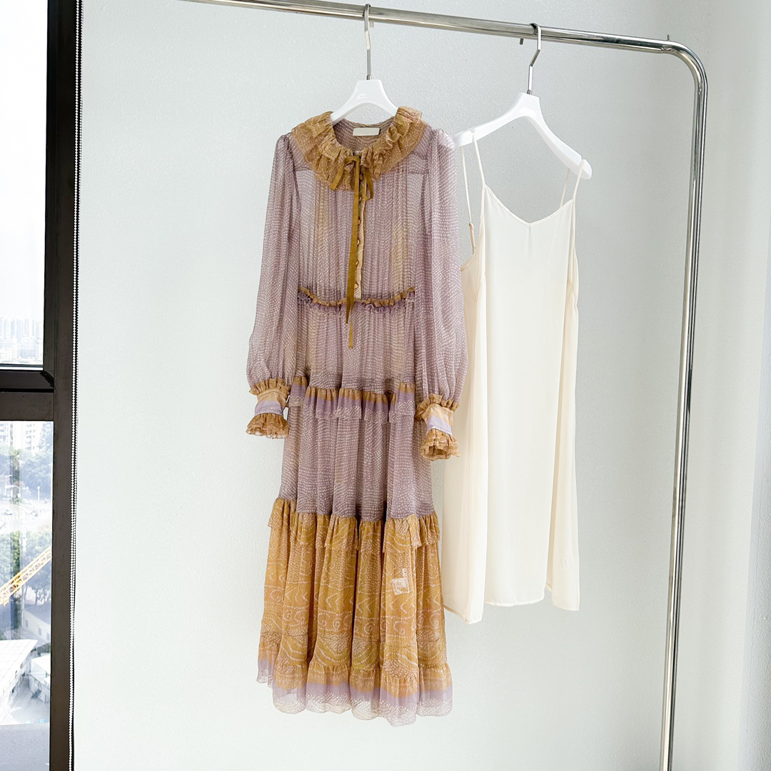 

Runway Dress ruffled neck lantern sleeve silk printed dress long dress, Beige