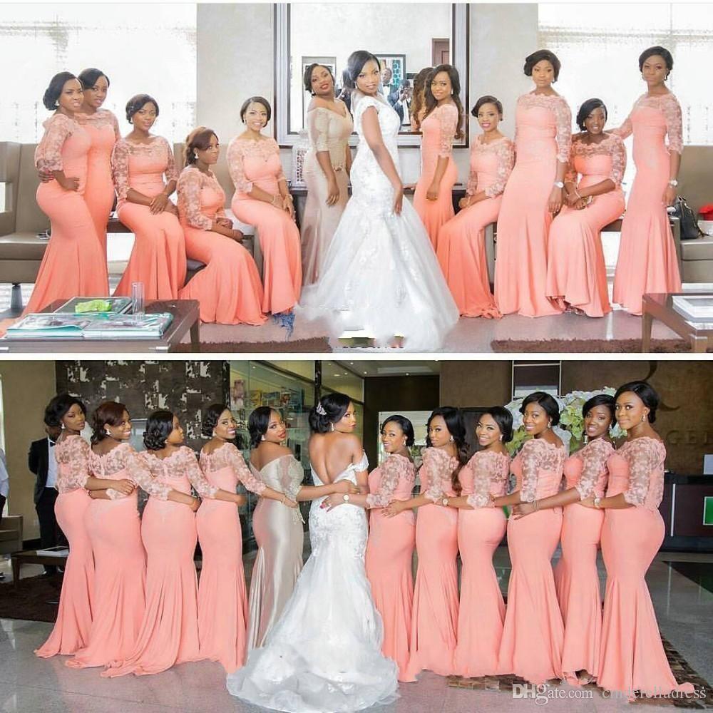 Arabic African Coral Long Bridesmaid Dresses 2020 with Half Sleeves Plus Size Lace Mermaid Wedding Guest Party Bridesmaids Dresses BA3959