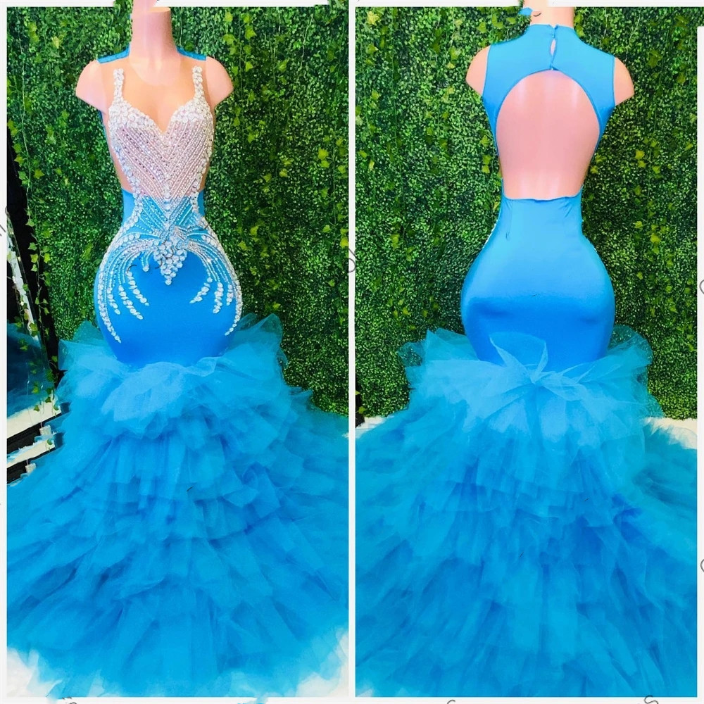 Robe de bal longue au cou bleu pour les filles noires 2024 volants en cristal perlé robe de soirée