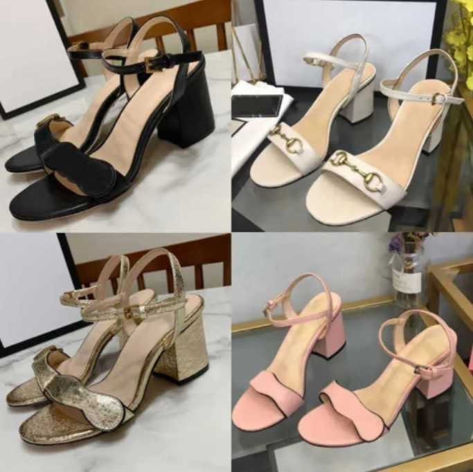 

2023 Designers Women High Heel Sandals Slippers Leather Ladies Party Wedding Dress Shoes Metal Belt Buckle Thick Heel Woman Shoes 34-42 With Box NO021, 19